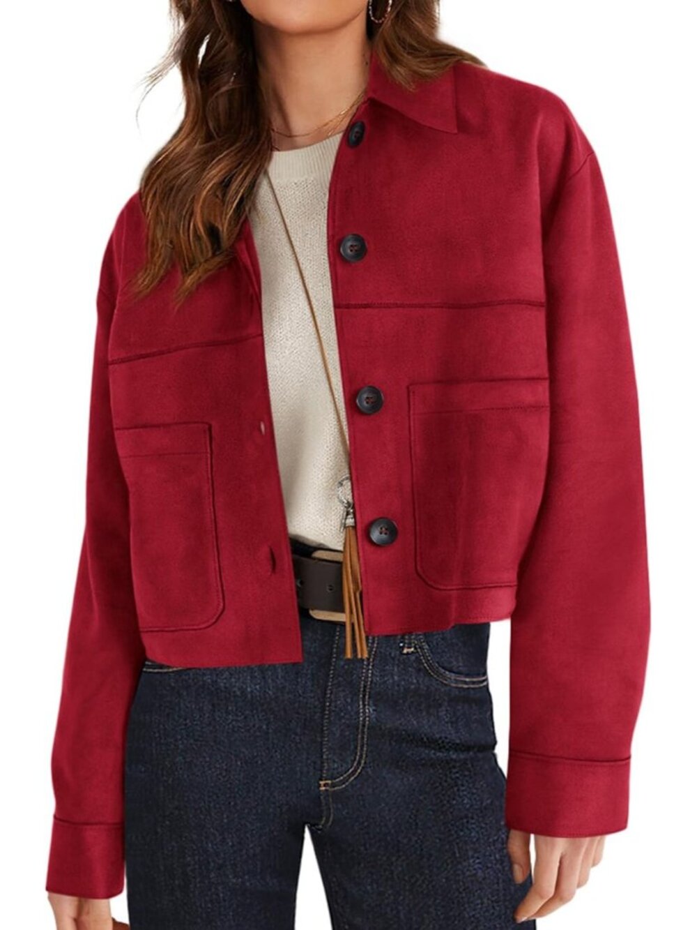 Womens Red Suede Long Sleeve Button Down Streetwear Casual Cropped Jacket